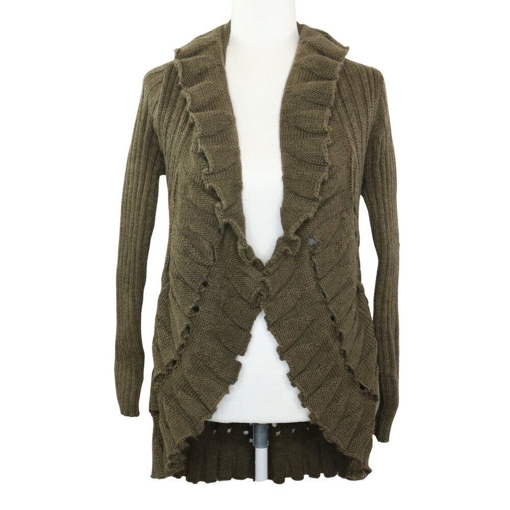 John Fashion Cardigan Sweater Open Front Draped Ruffles Knit Green Brown